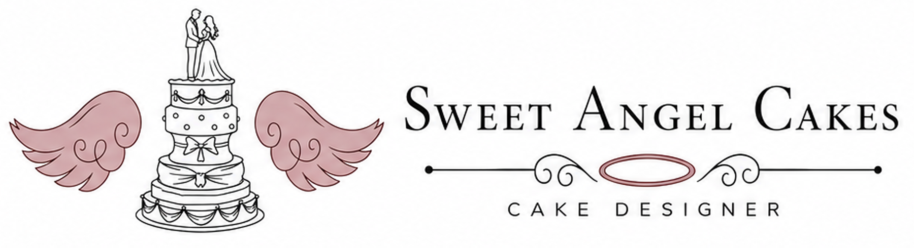 Wedding cake with pink wings image next to Sweet Angel Cakes, Cake Designer