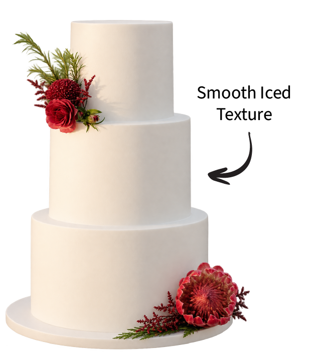 Smooth iced texture showcased on wedding cake