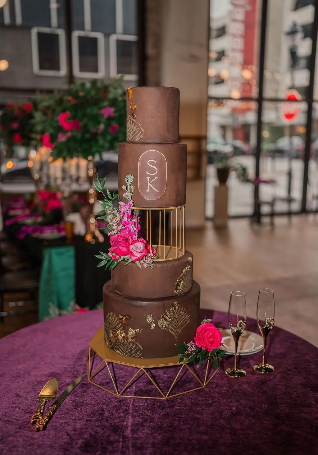 Modern wedding cake, brown with spacing in the middle to create 3D look and eye catching height